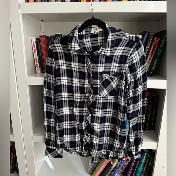 Le lis black red white flannel plaid button down long sleeve western blouse top - Picture 1 of 5